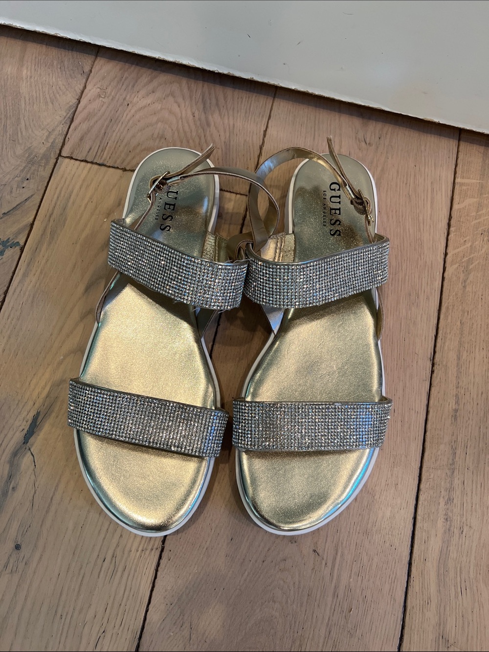 Guess Metallic Gold Rhinestone Strappy Sandals